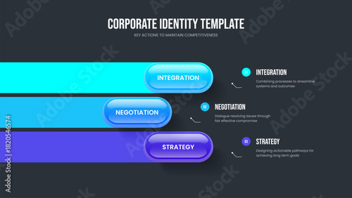 Corporate Showcase Three Step Diagram Slide Layout. Visual Profile 3 Element Infographic Slideshow Template. Business Innovation Frame Design Vector Illustration.