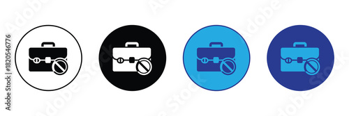 Briefcase icon with a prohibition sign overlay, symbolizing restricted access, business limitations, or unavailable service, in four distinct circular graphic variations.