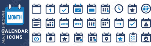 Collection of blue and white calendar and clock icons with various symbols time date