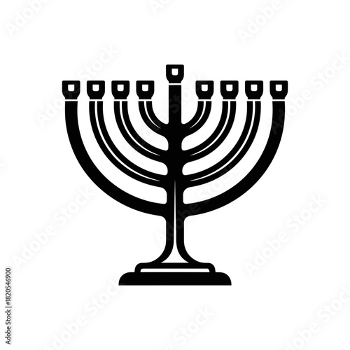 Black and white silhouette icon of a ninebranched menorah, a traditional jewish candelabrum, vector illustration