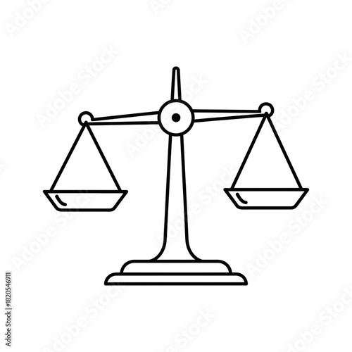 Simple black and white line art icon of a justice scale, symbolizing balance, law, and fairness, vector illustration