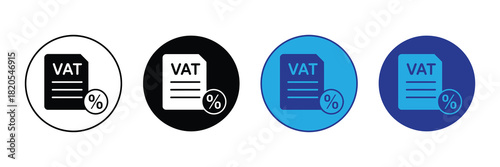 Four circular icons depicting vat document symbol with percentage sign, including outline, black, blue, and navy variations for financial and tax concepts