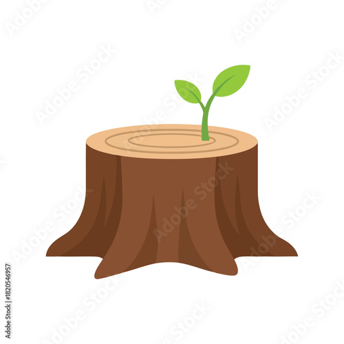 New life sprouting: green sapling on tree stump vector icon