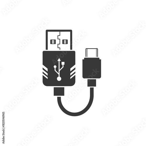 Black and white icon of a usb typea connector attached to a usb typec connector via a short cable, vector illustration