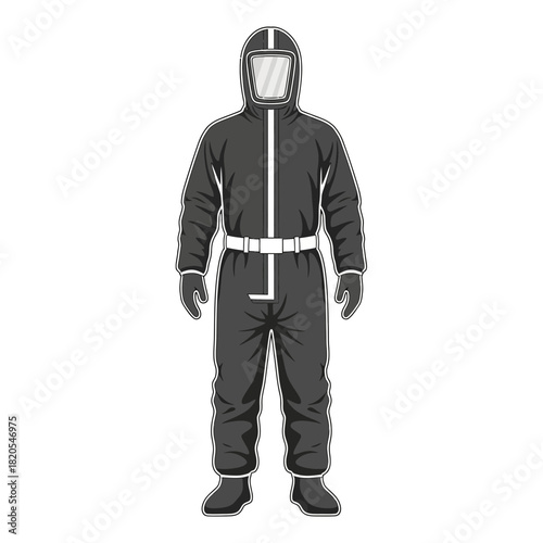 Illustration of a person wearing a fullbody protective hazmat suit with hood and visor, vector illustration