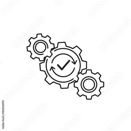Outline icon of three interlocking gears with a checkmark inside a circular arrow, symbolizing process optimization and successful workflow, vector illustration