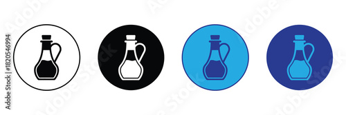 Set of four icons depicting a bottle with a handle and cork, containing liquid, in different circular backgrounds: outline, black, blue, and dark blue.