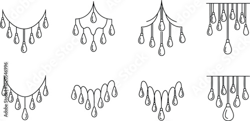 Collection of decorative hanging teardrop light and crystal chandelier elements, elegant line art border design for wedding, holiday, or luxury interior decoration.