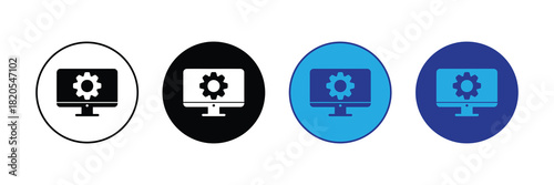 Computer monitor with gear icon inside, representing settings, configuration, repair, and system tools in different color backgrounds