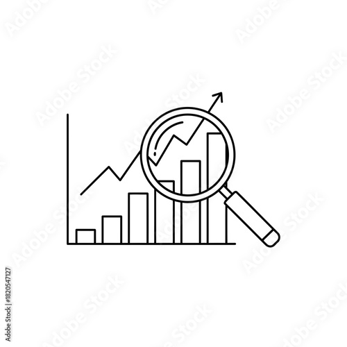 Line art icon of a magnifying glass over a growing bar chart and line graph representing business analysis and success vector illustration
