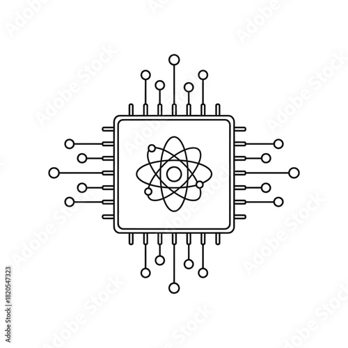 Outline icon of a microchip processor with an atom symbol inside, vector illustration