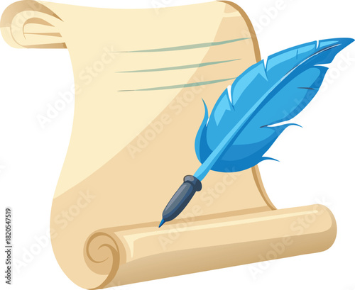 A beautifully illustrated image depicts a rolled parchment with a vibrant blue quill