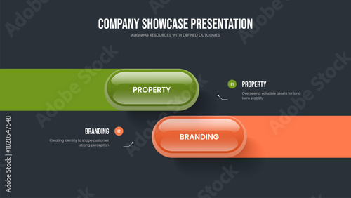 Company Growth Two Option Diagram Slideshow Template. Service Introduction 2 Element Infographic Frame Layout. Advertising Overview Presentation Design Vector Illustration.