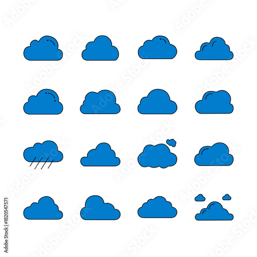 Blue Cloud Line Art Icons with Weather Conditions and Outline