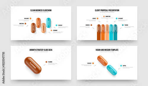 Market Strategy 4 5 1 2 Element Infographic Frame Template Collection. Advertising Analysis Four Five One Two Option Diagram Slide Layout Vector Illustration Set.