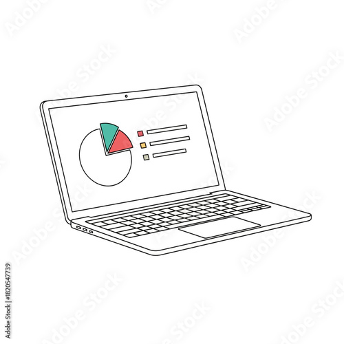 Simple line drawing of a laptop displaying a colorful pie chart and bar graph for business data analysis vector illustration