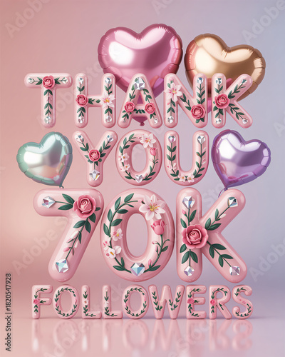Pink 70 K Followers Thank You Balloons with Hearts and Diamonds image photo