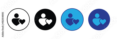 Icon set representing user profile with heart symbol, symbolizing admiration, favor, connection, or liking, in various styles and colors
