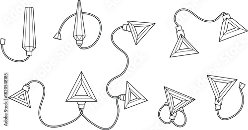 Collection of geometric triangular and cylindrical hanging string light elements, elegant line art decorative design for modern party, wedding, or architectural background.