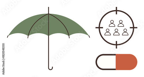 Green umbrella signifying protection, group in target symbolizing precision, capsule representing treatment and wellness. Ideal for health, insurance, safety, strategy, goals, medicine