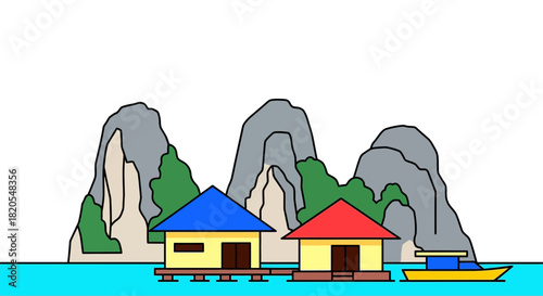 Island getaway illustration featuring stilt houses and boat