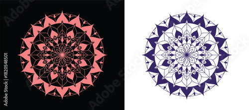 Floral geometric circle shape with intricate symmetrical patterns. Element features elegant decorative ornament