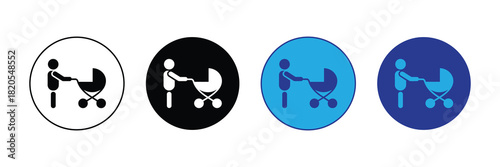 Parent pushing baby stroller icon, representing care, family, and new parenthood, in various circular designs, clean and simple.