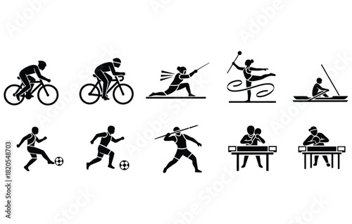 Collection of outdoor and athletic sport silhouettes vector icons illustrating soccer biking fencing rowing and table tennis