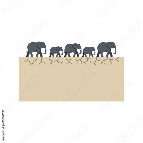 African elephant herd on dry cracked earth vector illustration
