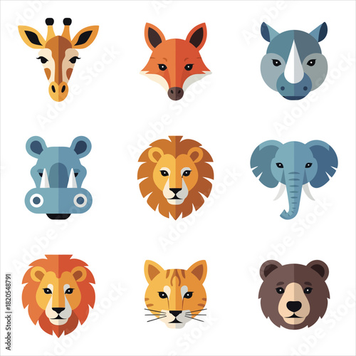 Color cartoon illustration collection of various stylized exotic animal faces, showcasing diversity and uniqueness of wildlife portraits drawing