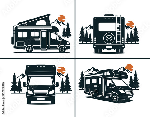 Adventure travel motorhome rv in nature landscape. Camping lifestyle flat vector illustration.