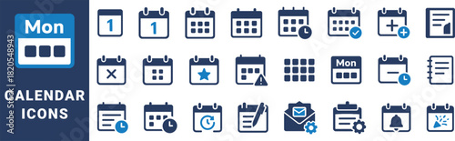 Collection of blue and white calendar and schedule icons for planning and organization vector