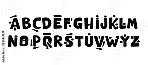 Abstract uppercase alphabet. Irregular fragmented letterforms. Distressed typography design. Bold and unique font.