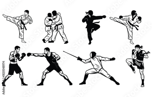 Martial Arts Icons Set Showing Various Disciplines Such As Karate Judo Ninja Boxing Fencing Kickboxing and Fighting Styles