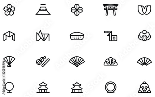 Collection of traditional japanese symbols and icons in minimalist outline style include fan and sakura in flat design for decoration