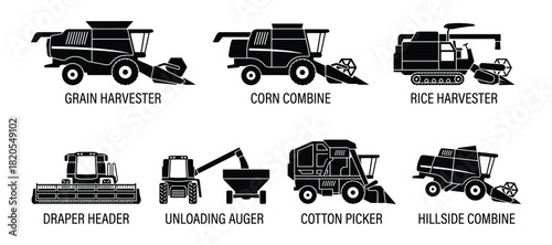 Agricultural combine harvesters and farm machinery. Grain, corn, rice, and cotton harvesting equipment. Draper header.
