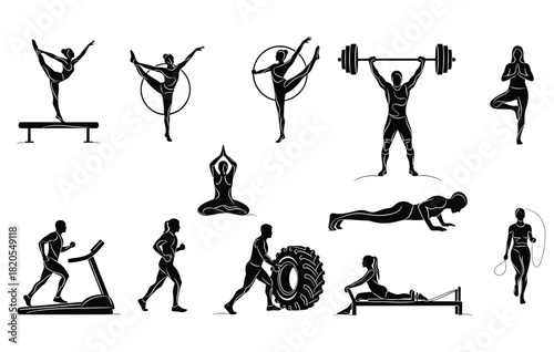 Gymnastics Fitness and Yoga Icons Set Presenting Balance Training Weightlifting Meditation Cardio and Flexibility Exercises