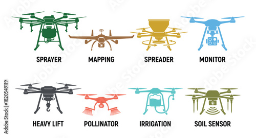 Agricultural drone set for various farming tasks including spraying mapping spreading monitoring and irrigation