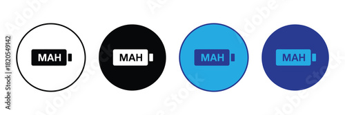 Four circular icons featuring a battery symbol with the text 'mah' inside, representing energy capacity and power storage across different backgrounds.