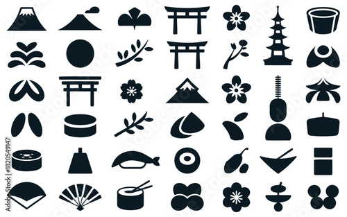 Collection of japanese culture icons representing various aspects of japan for design and decoration purposes isolated on white