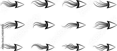 Collection of dynamic flaming speed arrows with fluid tail streaks, abstract motion and rush elements suitable for modern logo, game, or tattoo concepts.