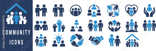 Collection of blue and white community and people icons on a dark blue background group family