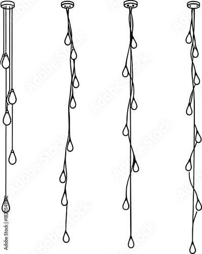 Collection of vertical hanging string lights decorative elements, elegant teardrop bulb line art garland for Christmas, wedding, or party background decoration.