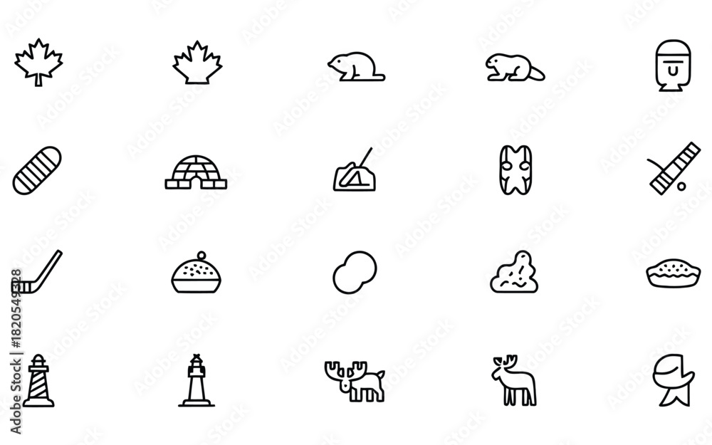 Fototapeta premium Collection of canada outline icons with maple leaf, beaver, hockey stick, inukshuk and igloo for logo, poster and banner design