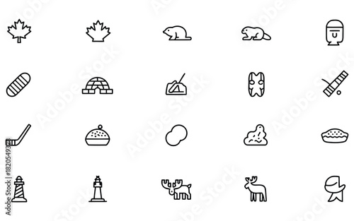 Collection of canada outline icons with maple leaf, beaver, hockey stick, inukshuk and igloo for logo, poster and banner design
