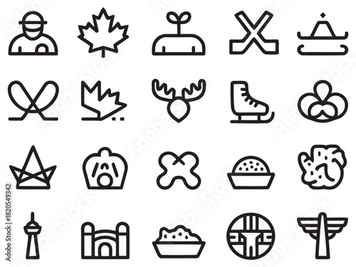 Collection of canada icons black outline with moose, inukshuk, maple leaf, hockey stick and toronto tower for infographic