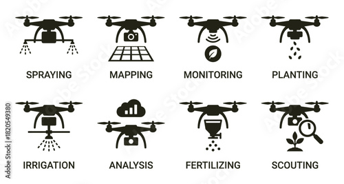 Agriculture drone icons for various tasks spraying mapping monitoring planting irrigation analysis fertilizing scouting