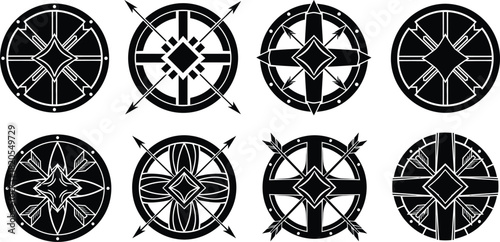 Collection of circular heraldic shields with internal cross and diamond shapes, decorative fantasy logo elements and modern geometric tattoo motif set.
