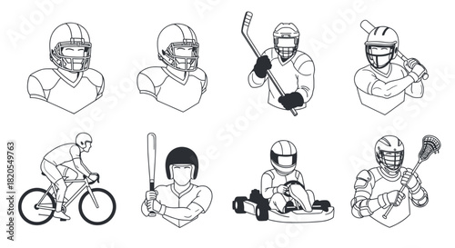 Sports equipment and players illustration vector design art