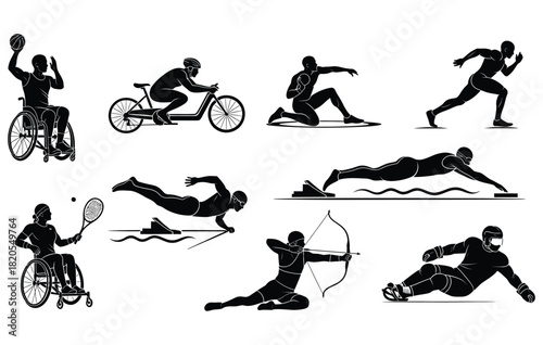 Paralympic sport silhouettes featuring basketball cycling athletics swimming tennis archery in modern vector design concept